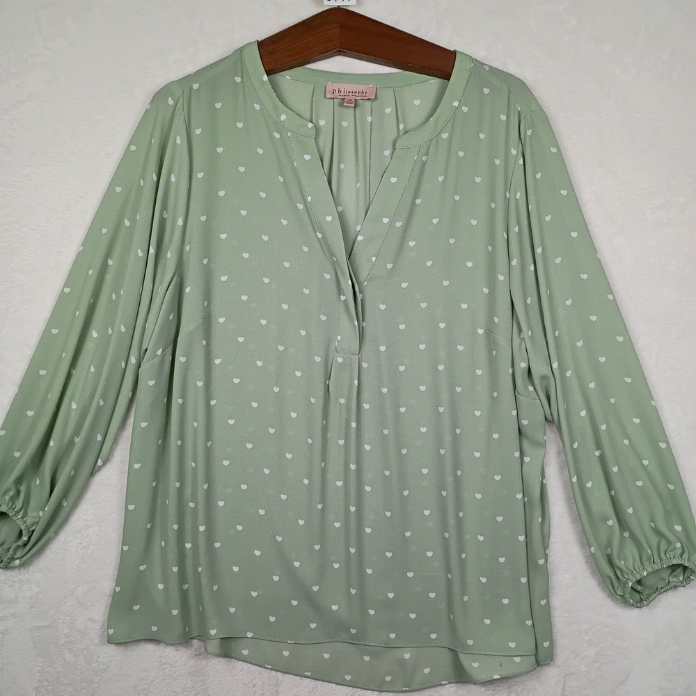 Philosophy Republic Sage  Heart‎ Print Blouse Womens 2X Split Neck Long Sleeve